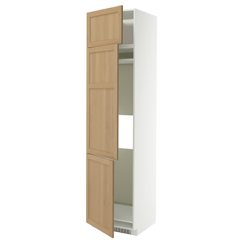 METOD kitchen cabinet with forsbacka oak doors in white, tall and rectangular, includes 2 adjustable shelves behind double doors.