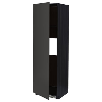 A black METOD kitchen cabinet with one door open, revealing adjustable shelves. The cabinet a modern, minimalist design with a dark finish.