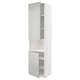 A white METOD kitchen cabinet with two open light grey doors, displaying shelves. Modern and sleek design.