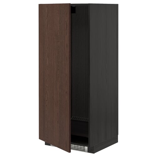 Dark brown kitchen cabinet with open door, wooden edges, metal hinges, adjustable shelf inside, and stainless steel ventilation grille at the bottom.