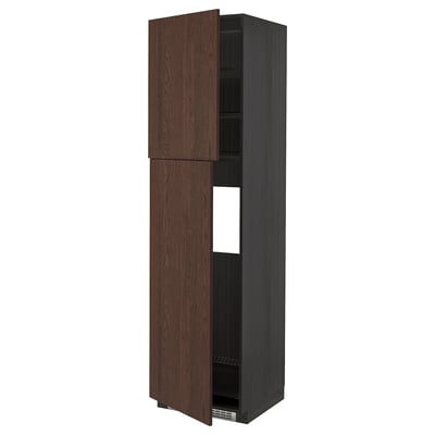 METOD High cabinet for fridge w 2 doors, black/Sinarp brown, 60x60x220 cm