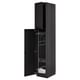 Black stained wooden kitchen cabinet with organised shelves.