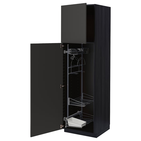 Black kitchen cabinet with open door, metal shelves, and pull-out organiser. Modern design and sturdy construction.