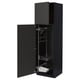 Black kitchen cabinet with open door, metal shelves, and pull-out organiser. Modern design and sturdy construction.