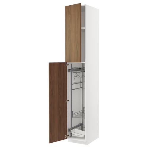 METOD modern walnut white cabinet with pulls, metal shelves.