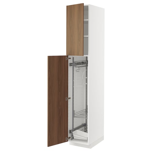 The METOD kitchen cabinet with a white frame and wooden doors, one door open revealing shelves and an organiser.