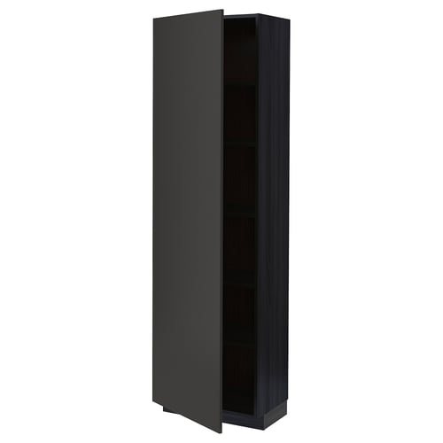 Depicts a tall, black METOD kitchen cabinet with a modern design and adjustable shelves.