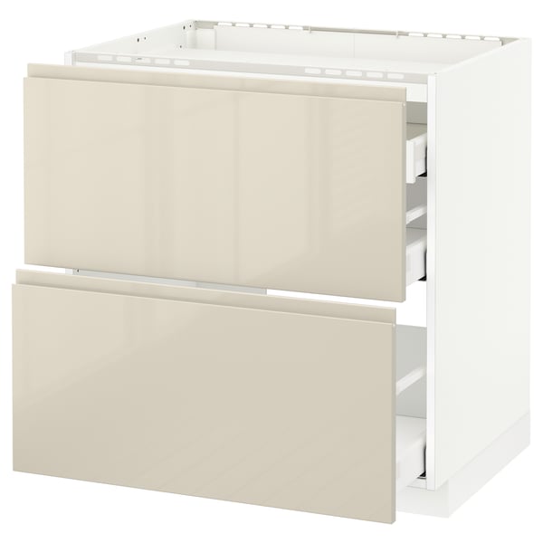 METOD / MAXIMERA Base cab f hob/2 fronts/3 drawers, white/Voxtorp high-gloss light beige, 80x60 cm