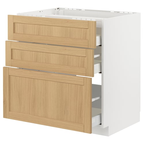 METOD kitchen unit: light oak wood finish, 3 drawers, white base, sleek modern design.
