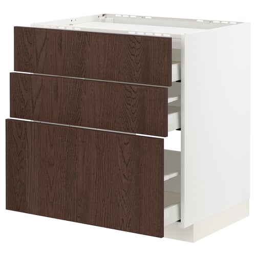 White METOD cabinet with dark brown sinarp drawers.