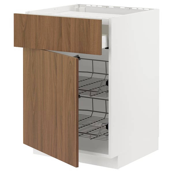 METOD / MAXIMERA Base cab f hob/drawer/2 wire bskts, white/Tistorp brown walnut effect, 60x60 cm