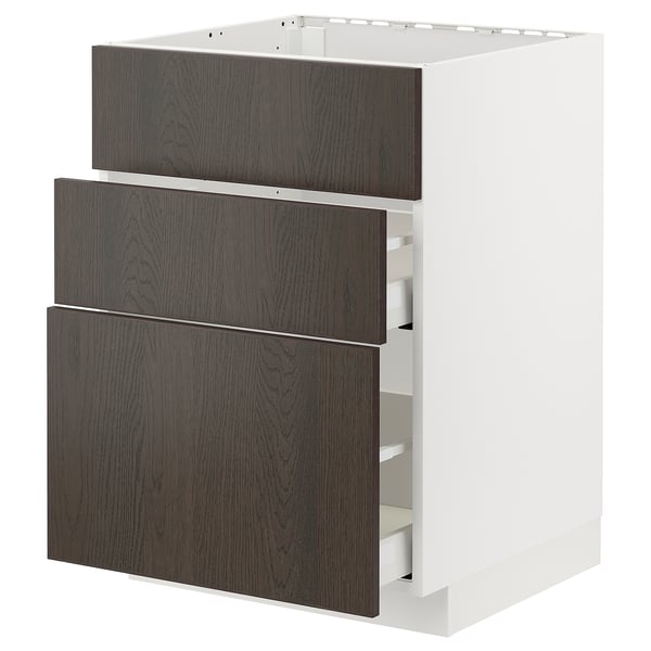 METOD / MAXIMERA Base cab f hob/int extractor w drw, white/Sinarp brown, 60x60 cm