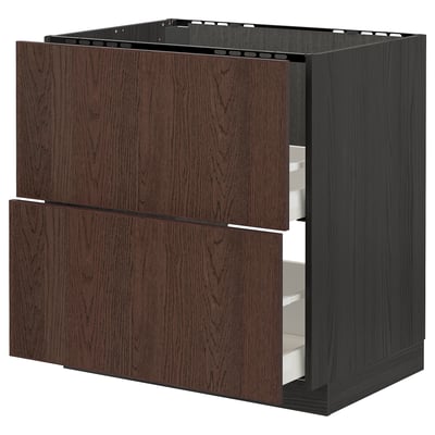 METOD / MAXIMERA Base cab f sink+2 fronts/2 drawers, black/Sinarp brown, 80x60 cm