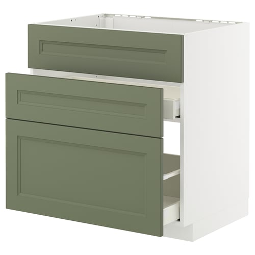 Modern kitchen cabinet with 3 olive green drawers and white frame.