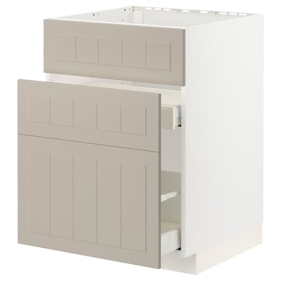 METOD / MAXIMERA Base cab f sink+3 fronts/2 drawers, white/Stensund beige, 60x60 cm