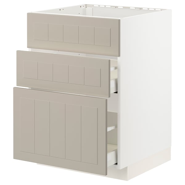 METOD / MAXIMERA Base cab f sink+3 fronts/2 drawers, white/Stensund beige, 60x60 cm