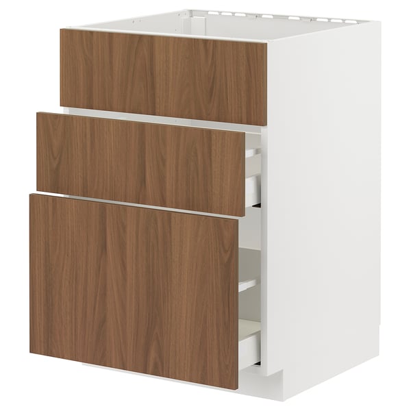 METOD / MAXIMERA Base cab f sink+3 fronts/2 drawers, white/Tistorp brown walnut effect, 60x60 cm