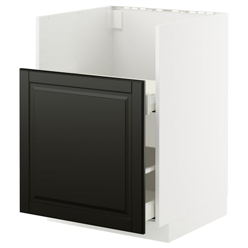 Black bevelled kitchen cabinet, white frame, modern design.