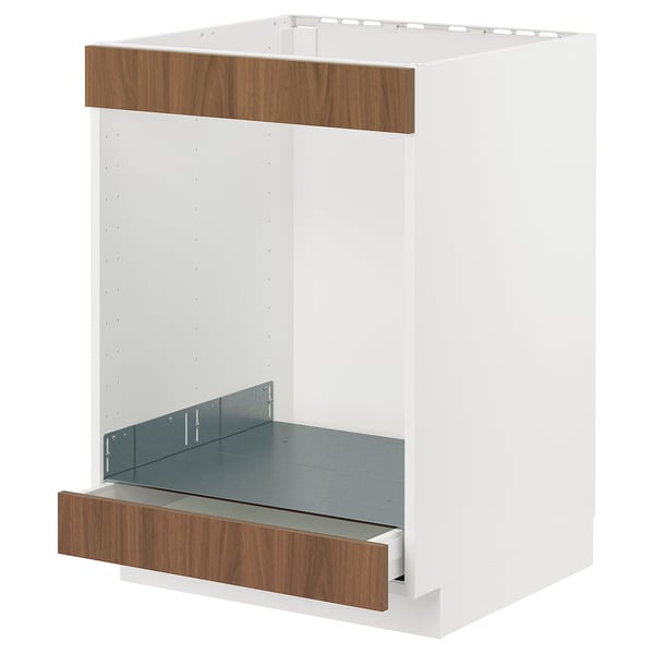 METOD / MAXIMERA Base cab for hob+oven w drawer, white/Tistorp brown walnut effect, 60x60 cm