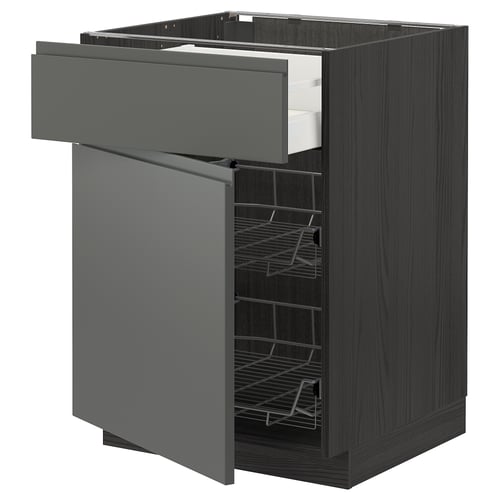 A dark grey METOD kitchen cabinet with a pullout drawer and wire basket, showcasing modern design and efficient storage solutions.