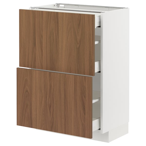 METOD / MAXIMERA Base cab with 2 fronts/3 drawers, white/Tistorp brown walnut effect, 60x37 cm
