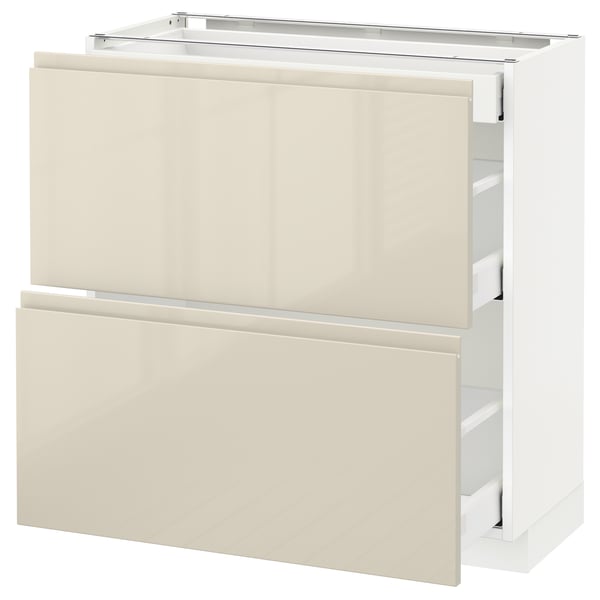 METOD / MAXIMERA Base cab with 2 fronts/3 drawers, white/Voxtorp high-gloss light beige, 80x37 cm