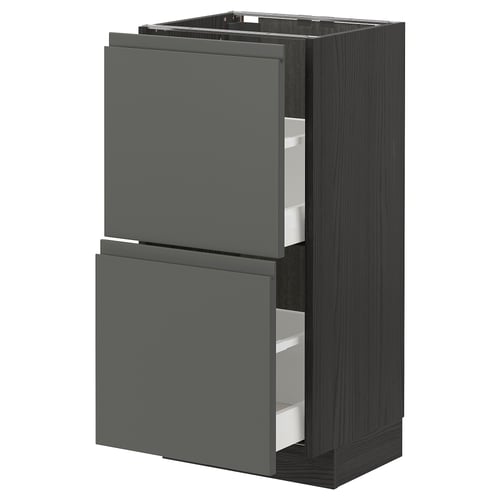 Ikea METOD kitchen unit, dark grey wood grain, two open drawers.