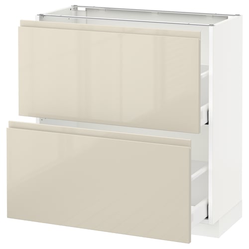 METOD kitchen unit with beige high-gloss doors and drawers.