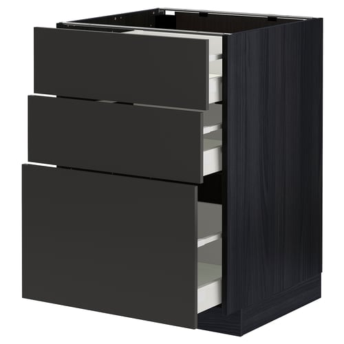 Black METOD kitchen unit with three pull-out drawers. Modern design, sleek finish.