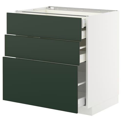 Élevate your space with white METOD storage, boasting three green drawers. Sleek, modern design with durable construction.