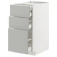Depicts a white METOD kitchen cabinet with three grey drawers partially open.