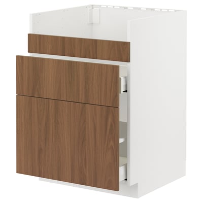 METOD / MAXIMERA Base cb f HAVSEN snk/3 frnts/2 drws, white/Tistorp brown walnut effect, 60x60 cm