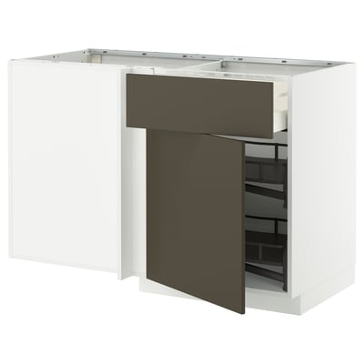 METOD / MAXIMERA Corner base cab w drawer and p-out, white/Havstorp brown-beige, 128x68 cm