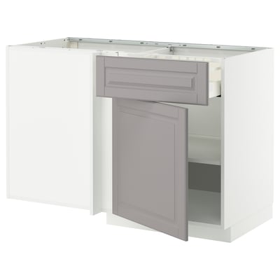 METOD / MAXIMERA Corner base cab w drawer and shelf, white/Bodbyn grey, 128x68 cm