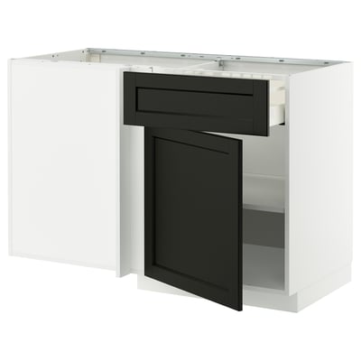 METOD / MAXIMERA Corner base cab w drawer and shelf, white/Lerhyttan black stained, 128x68 cm