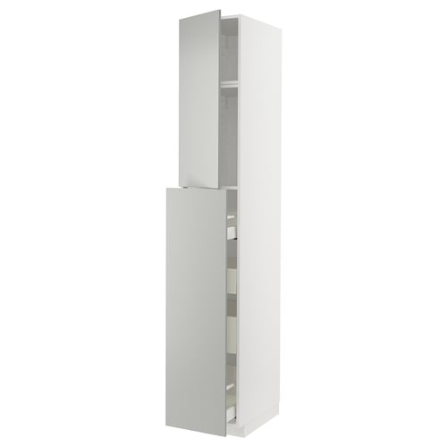 Displays a METOD kitchen cabinet in light grey with open drawers and compartments, showcasing modern storage design.
