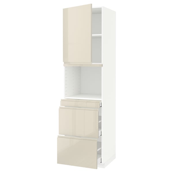 METOD / MAXIMERA Hi cab f micro combi w door/3 drwrs, white/Voxtorp high-gloss light beige, 60x60x220 cm