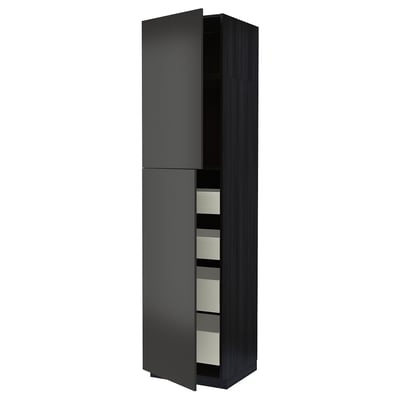 Black kitchen cabinet with multiple compartments, sleek design, and modern finish.