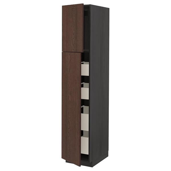 METOD / MAXIMERA Hi cab w 2 doors/4 drawers, black/Sinarp brown, 40x60x200 cm