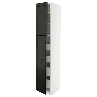 METOD / MAXIMERA Hi cab w 2 doors/4 drawers, white/Bodbyn black, 40x60x220 cm
