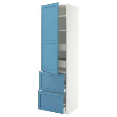 METOD / MAXIMERA Hi cab w shlvs/4 drawers/dr/2 frnts, white/Lerhyttan blue, 60x60x220 cm
