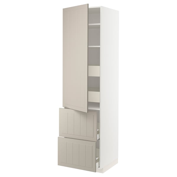 METOD / MAXIMERA Hi cab w shlvs/4 drawers/dr/2 frnts, white/Stensund beige, 60x60x220 cm