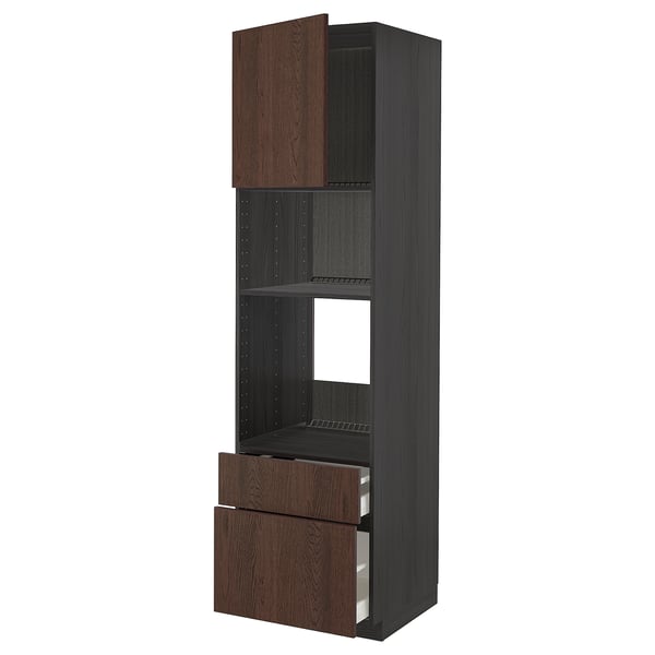 METOD / MAXIMERA High cab f oven/micro w dr/2 drwrs, black/Sinarp brown, 60x60x220 cm