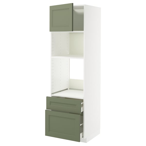 METOD / MAXIMERA High cab f oven/micro w dr/2 drwrs, white/Axstad grey-green, 60x60x200 cm