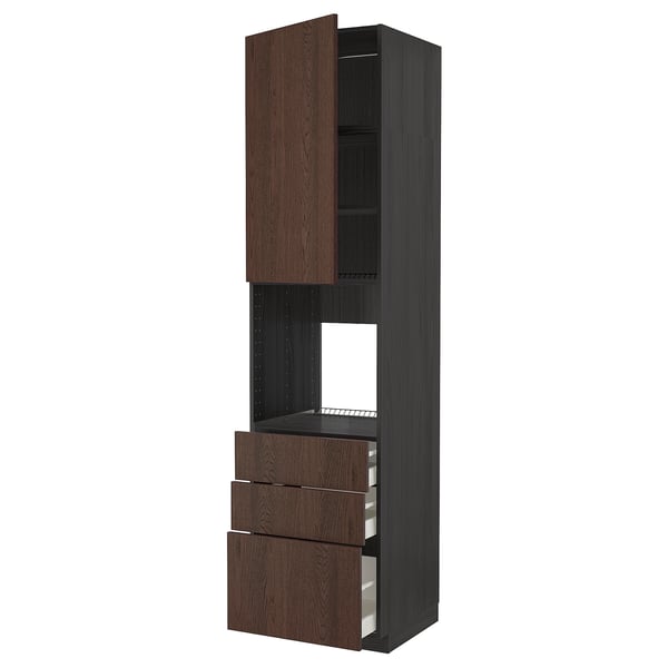 METOD / MAXIMERA High cab f oven w door/3 drawers, black/Sinarp brown, 60x60x240 cm