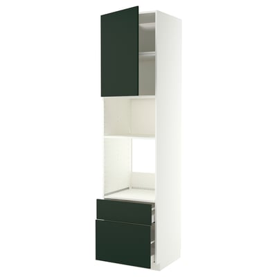 A white METOD kitchen unit with green havstorp doors. It has shelves and drawers.