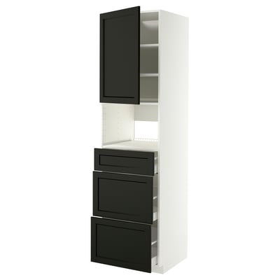 White and black kitchen cabinet unit with drawers and shelves.