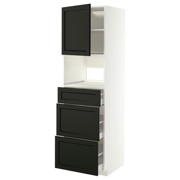 A METOD kitchen cabinet in white and black. It three drawers and an open shelf at the top with a dark stained wooden finish and bevelled edges.