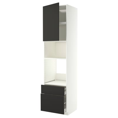 A white and black METOD kitchen cabinet with a modern design and black drawers, featuring a high frame and storage shelves.