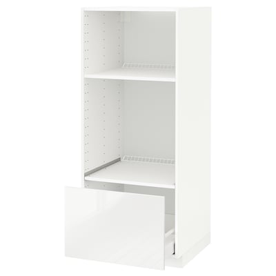 A white METOD kitchen cabinet with an open drawer and shelf.